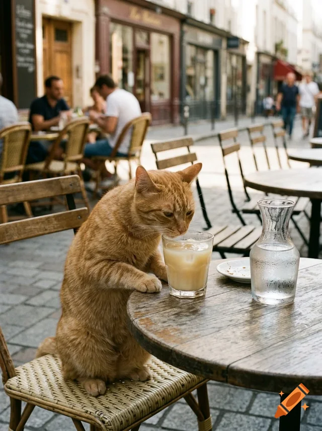 A cat having a drink at a cafe table
